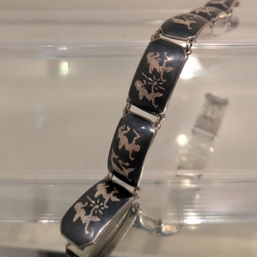 Vintage Siam Sterling Silver Black Niello Thai Dancer Link Bracelet